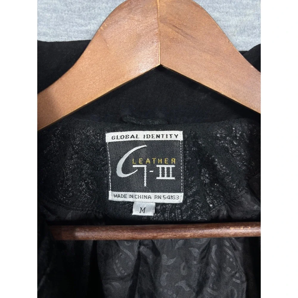Vtg G-III Black Leather Coat‎ Womens M Suede Paisley Trench Duster Jacket